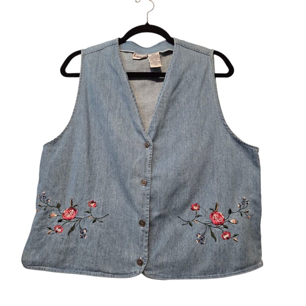 Vintage 90s Y2K Denim Floral Embroidered Vest Womens MED Boho Cottage Grandma